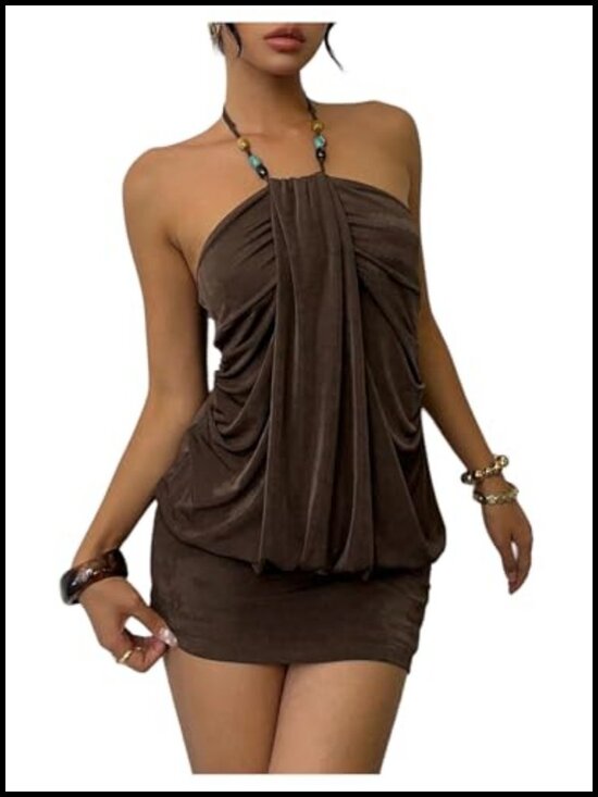 Dresses & Skirts - Women's Halter Neck Bodycon Mini Dress Built-in Shorts Backless Sleeveless Club